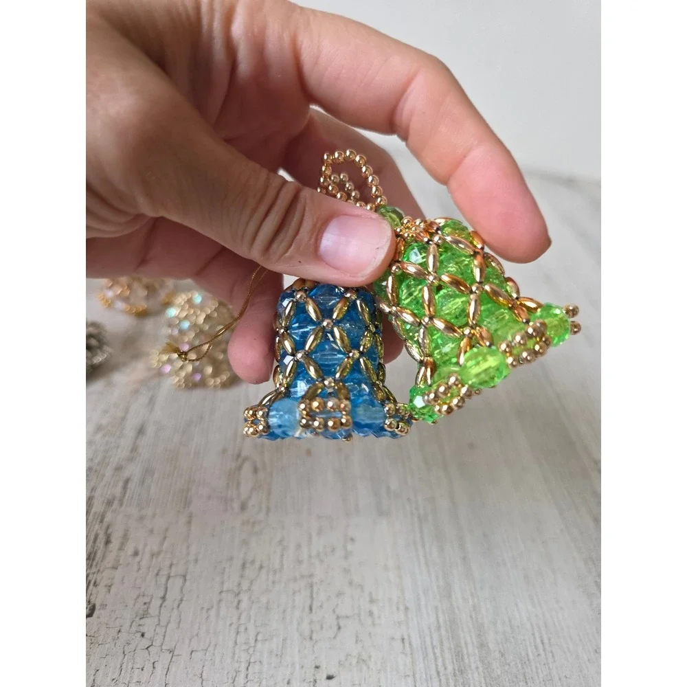 Vintage beaded Bell ornament pink blue green gold Xmas tree set